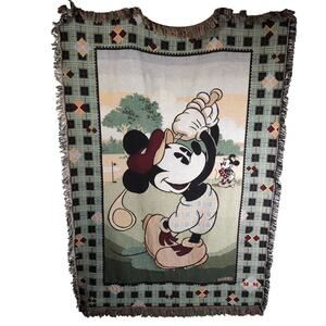 Vintage Disney Mickey & Co Golf Tapestry Argyle Woven Throw Blanket 65in x 46in
